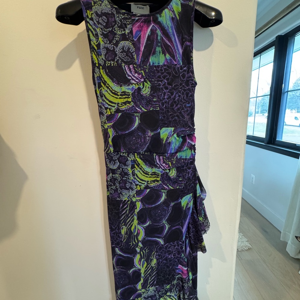 Vibrant, Fitted, Feminine Asymmetrical Dress in Purple and Green